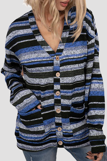 Casual Striped Pocket Buckle V Neck Outerwear(5 Colors)