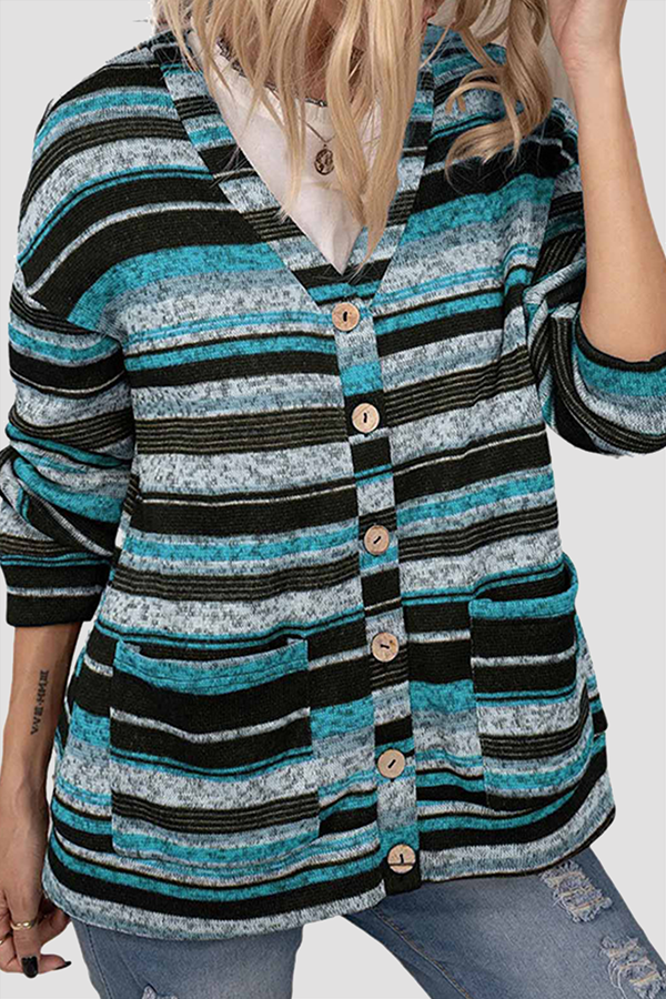 Casual Striped Pocket Buckle V Neck Outerwear(5 Colors)