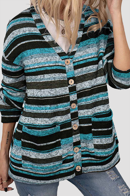 Casual Striped Pocket Buckle V Neck Outerwear(5 Colors)