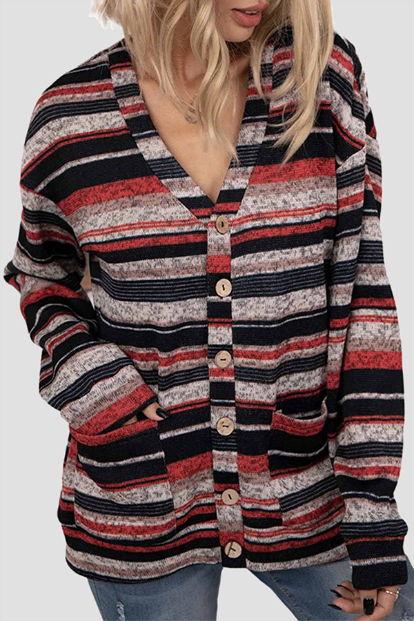 Casual Striped Pocket Buckle V Neck Outerwear(5 Colors)