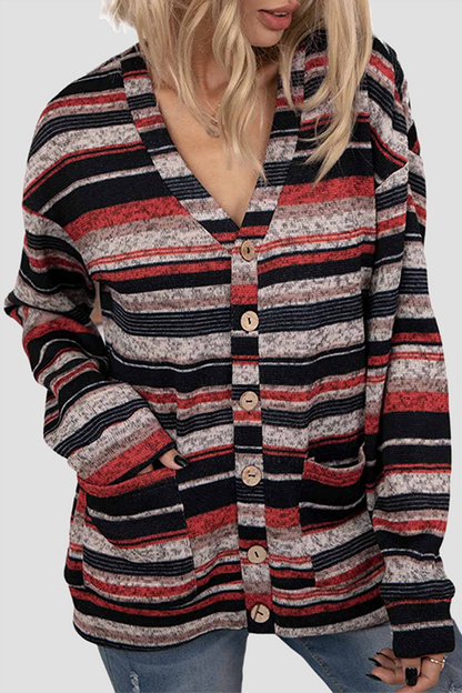 Casual Striped Pocket Buckle V Neck Outerwear(5 Colors)