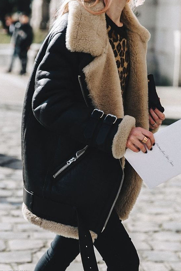 Street Patchwork Contrast Zipper Turndown Collar Outerwear(3 Colors)