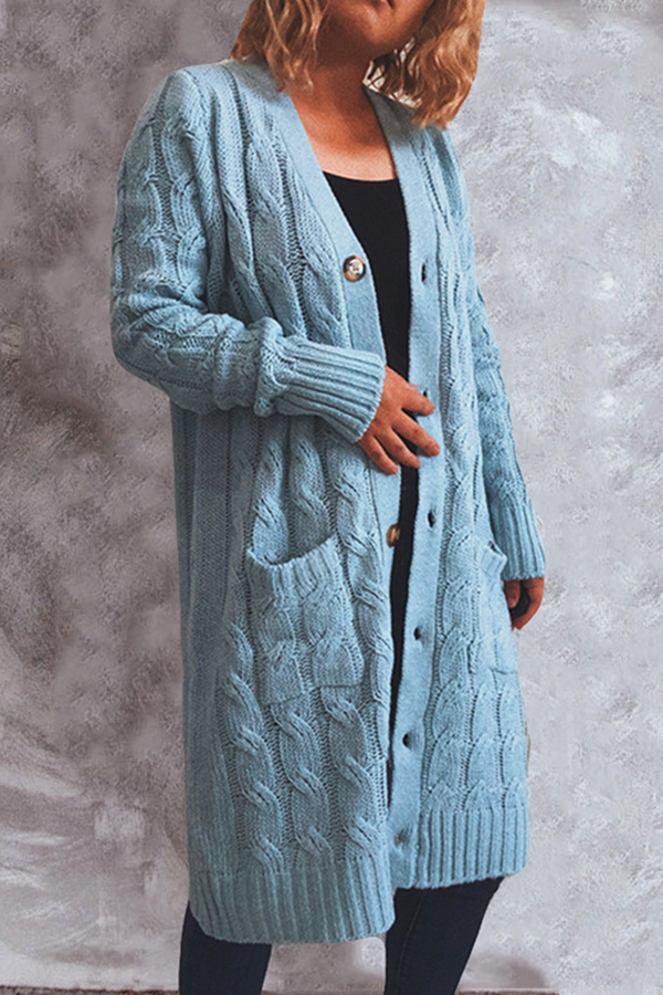 Casual Solid Pocket Buckle V Neck Outerwear