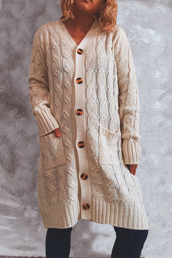 Casual Solid Pocket Buckle V Neck Outerwear