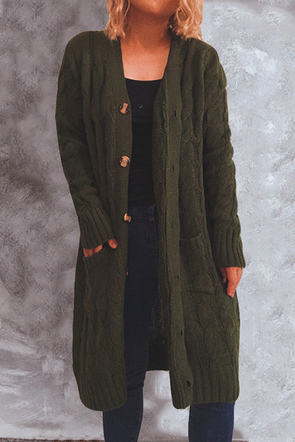 Casual Solid Pocket Buckle V Neck Outerwear