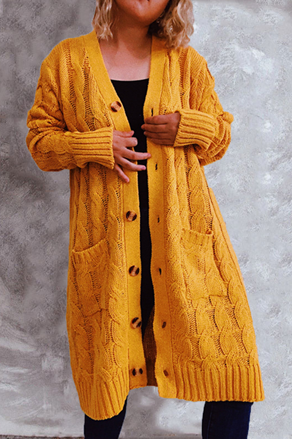 Casual Solid Pocket Buckle V Neck Outerwear