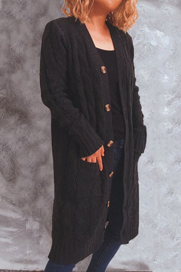 Casual Solid Pocket Buckle V Neck Outerwear