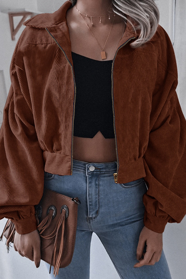 Casual Street Solid Split Joint Zipper Turndown Collar Outerwear