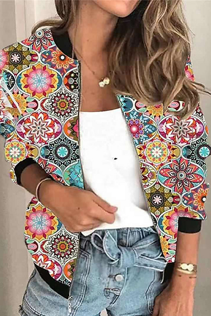 Casual Print Patchwork Zipper Mandarin Collar Outerwear(8 Colors)