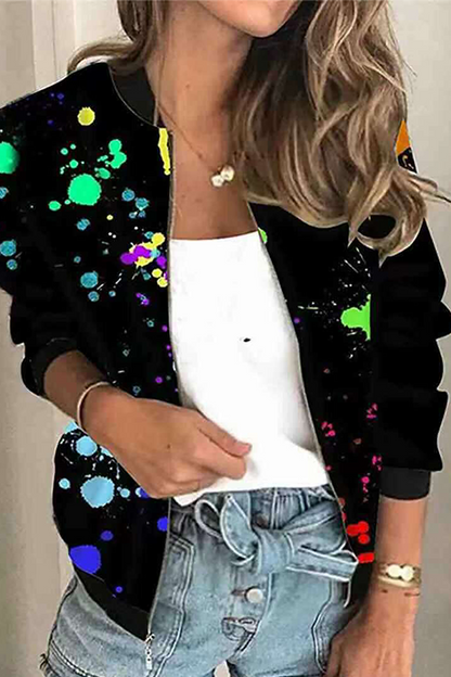 Casual Print Patchwork Zipper Mandarin Collar Outerwear(8 Colors)