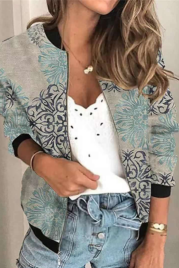 Casual Print Patchwork Zipper Mandarin Collar Outerwear(8 Colors)