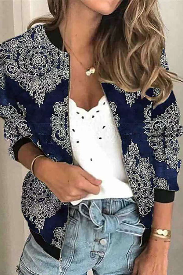 Casual Print Patchwork Zipper Mandarin Collar Outerwear(8 Colors)