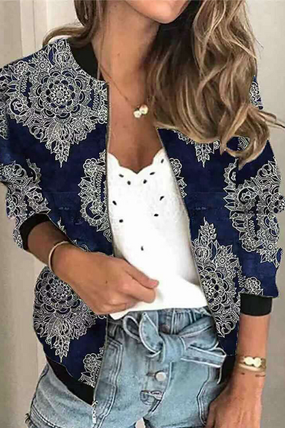 Casual Print Patchwork Zipper Mandarin Collar Outerwear(8 Colors)