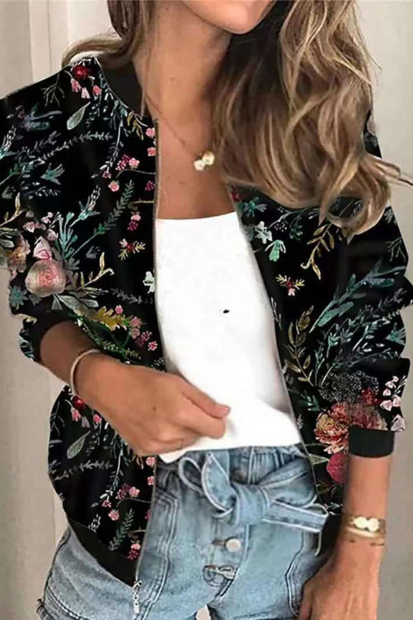 Casual Print Patchwork Zipper Mandarin Collar Outerwear(8 Colors)