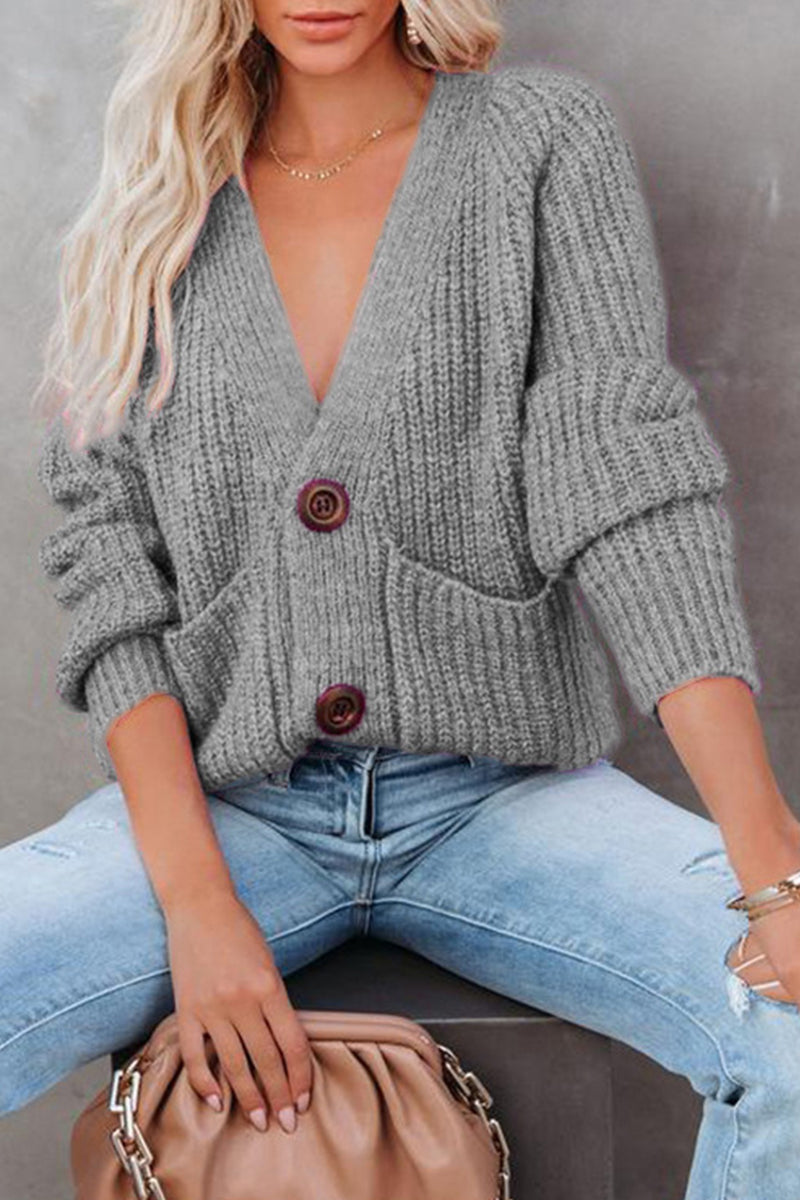 Casual Solid Pocket Buttons V Neck Sweaters(7 Colors)