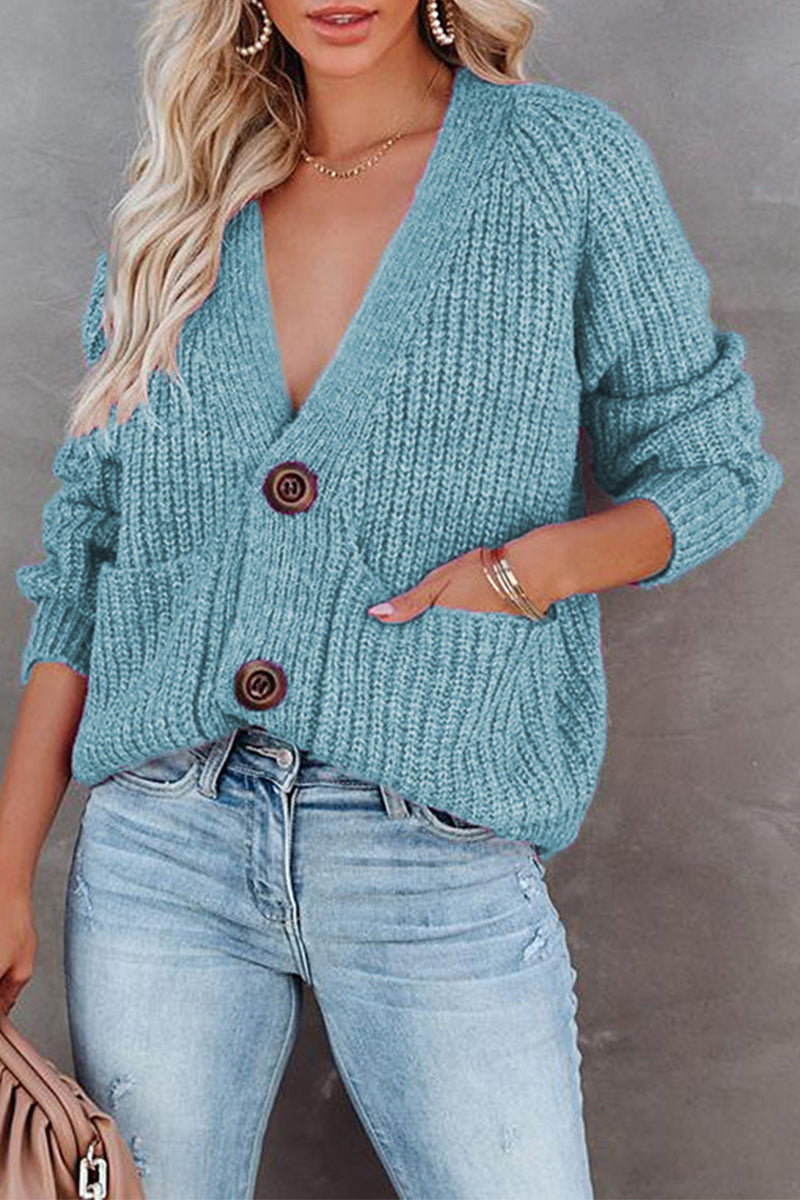 Casual Solid Pocket Buttons V Neck Sweaters(7 Colors)