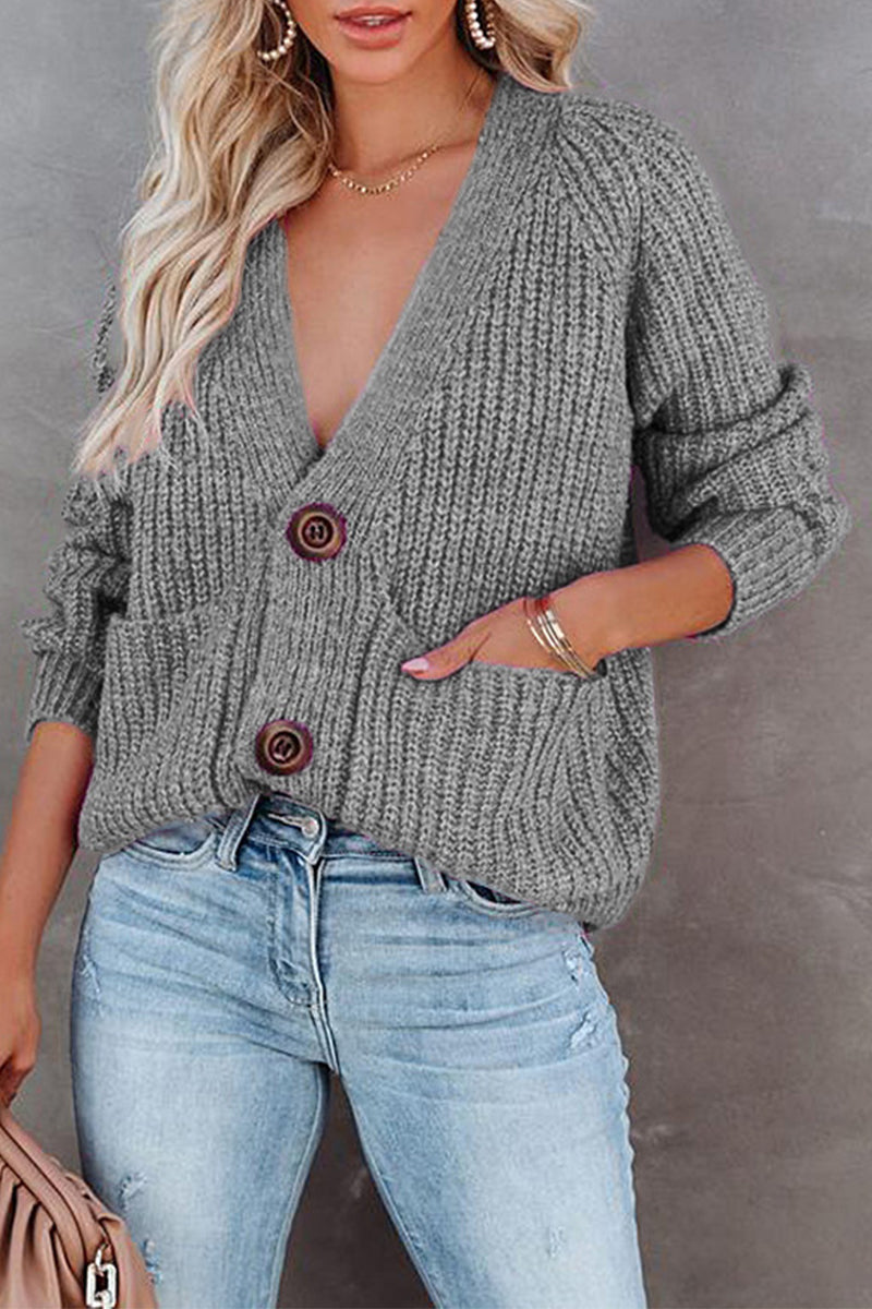 Casual Solid Pocket Buttons V Neck Sweaters(7 Colors)