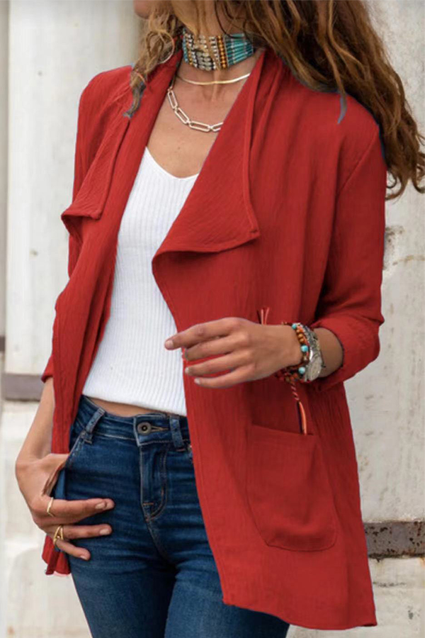 Casual Solid Pocket Turndown Collar Outerwear(7 Colors)