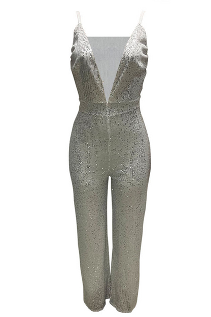 Fashion Elegant Solid Patchwork Backless V Neck Straight Jumpsuits