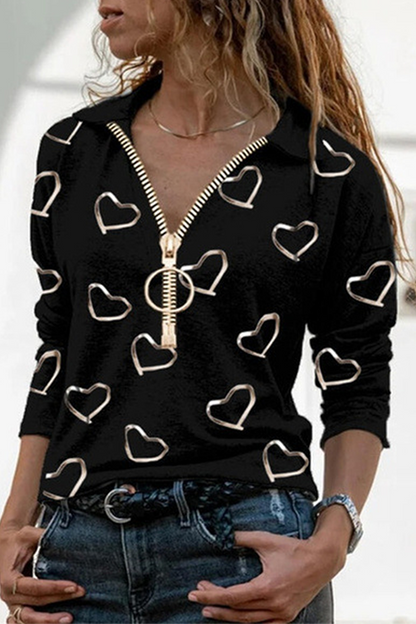 Casual Print Patchwork Zipper Turndown Collar Tops(4 Colors)