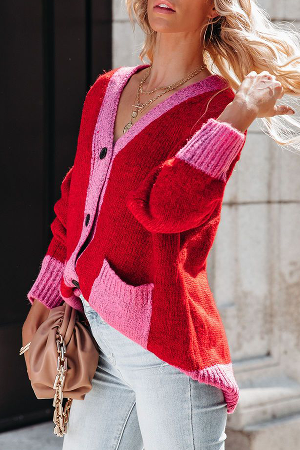 Casual Elegant Patchwork Pocket Buckle Contrast V Neck Outerwear Sweater