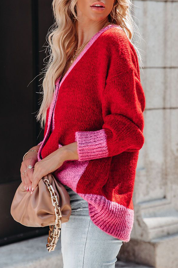 Casual Elegant Patchwork Pocket Buckle Contrast V Neck Outerwear Sweater