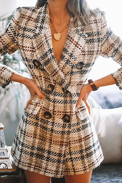 Fashion Elegant Plaid Patchwork Buckle Turn-back Collar Outerwear