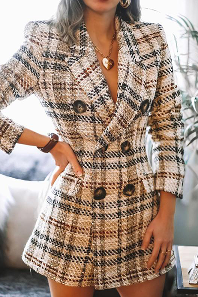 Fashion Elegant Plaid Patchwork Buckle Turn-back Collar Outerwear