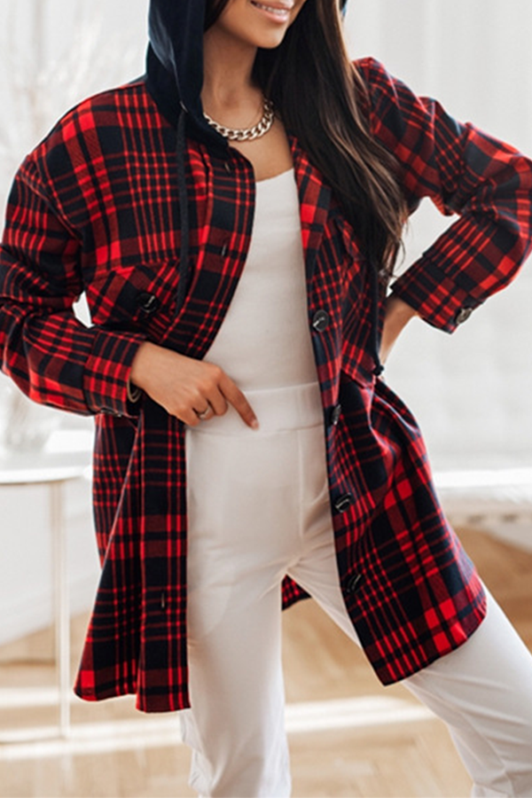 Casual Street Plaid Patchwork Buckle Hooded Collar Outerwear