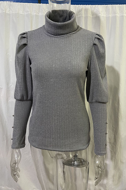 Casual Solid Buckle Fold Turtleneck Tops(3 Colors)