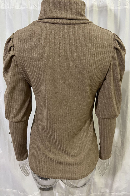 Casual Solid Buckle Fold Turtleneck Tops(3 Colors)