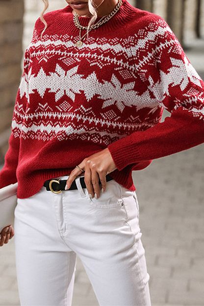 Casual Snowflakes Contrast O Neck Tops Sweater