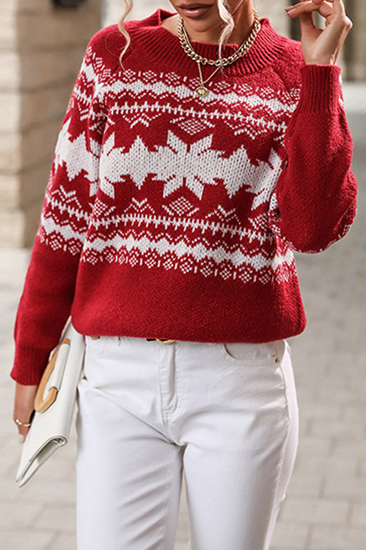 Casual Snowflakes Contrast O Neck Tops Sweater