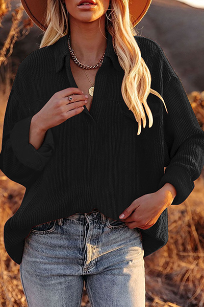 Casual Solid Basic Turndown Collar Tops(6 Colors)