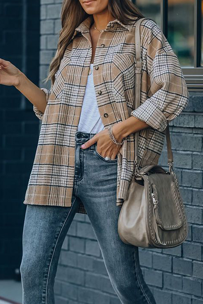 Casual Plaid Pocket Buckle Mandarin Collar Outerwear