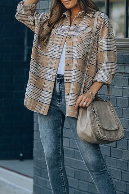 Casual Plaid Pocket Buckle Mandarin Collar Outerwear