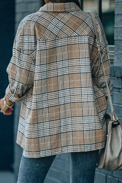 Casual Plaid Pocket Buckle Mandarin Collar Outerwear