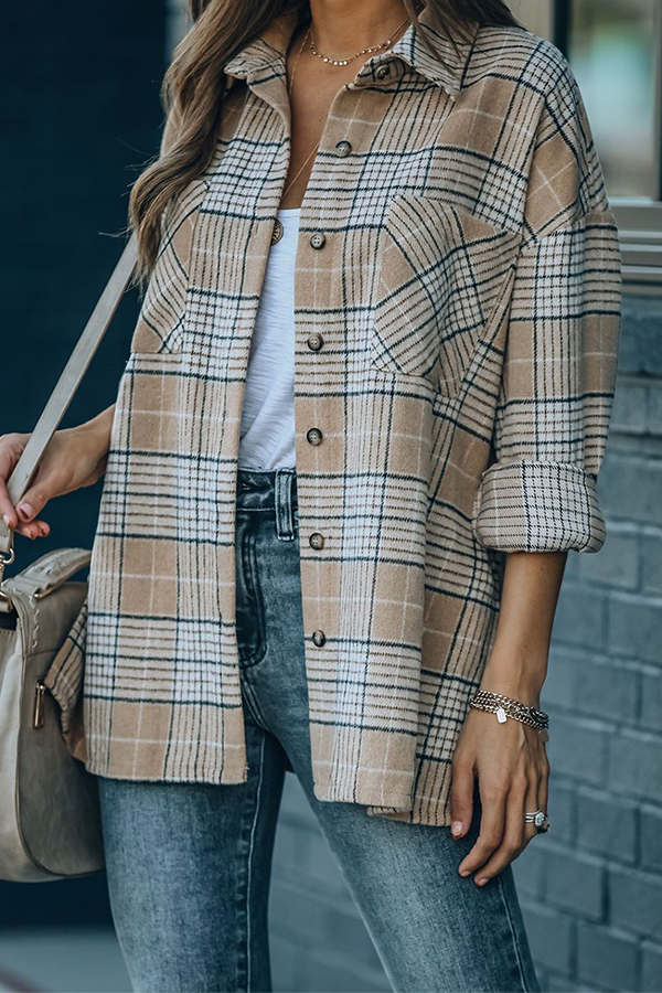 Casual Plaid Pocket Buckle Mandarin Collar Outerwear