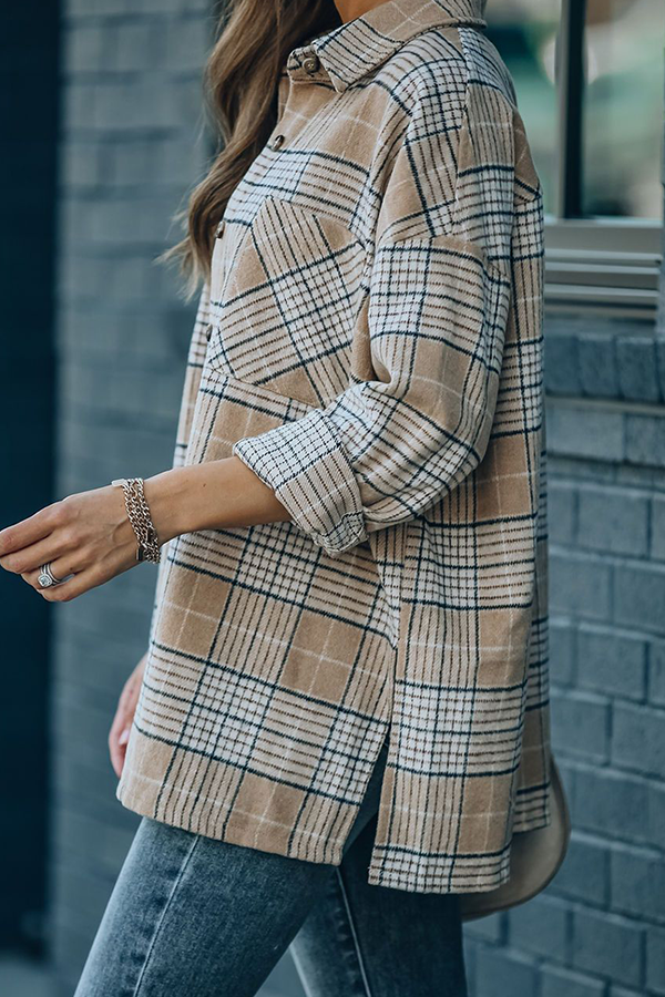 Casual Plaid Pocket Buckle Mandarin Collar Outerwear