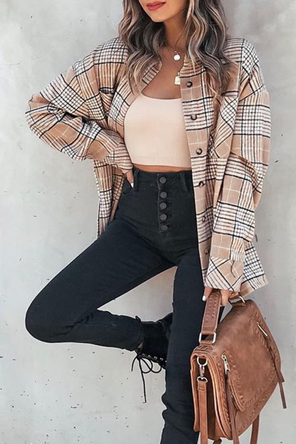 Casual Plaid Pocket Buckle Mandarin Collar Outerwear