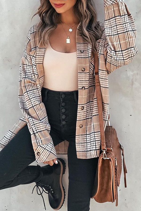 Casual Plaid Pocket Buckle Mandarin Collar Outerwear