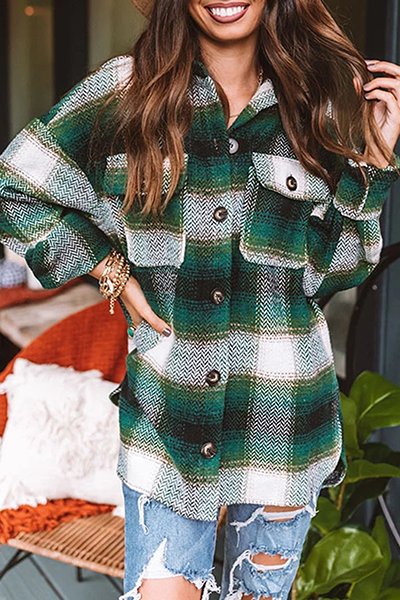 Casual Plaid Pocket Buckle Turndown Collar Outerwear