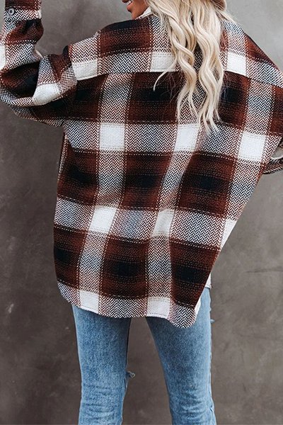 Casual Plaid Pocket Buckle Turndown Collar Outerwear(3 Colors)