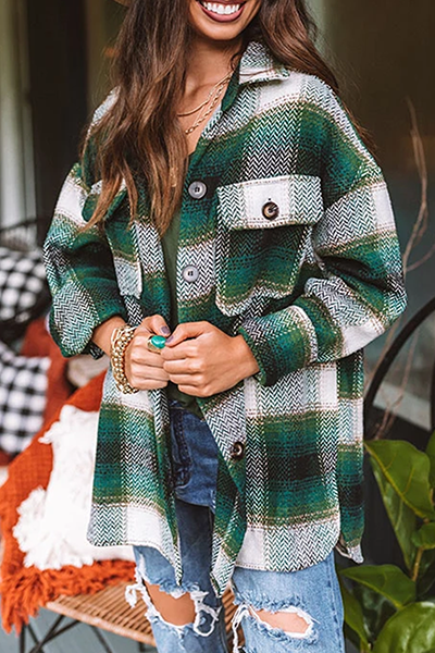 Casual Plaid Pocket Buckle Turndown Collar Outerwear