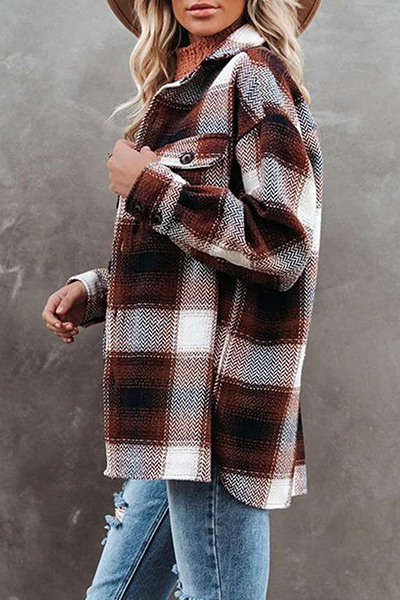 Casual Plaid Pocket Buckle Turndown Collar Outerwear