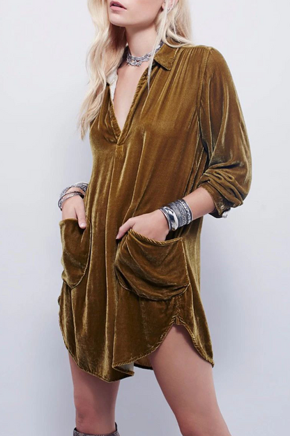 Casual Solid Patchwork Pocket Turndown Collar Shirt Dress Dresses(3 Colors)