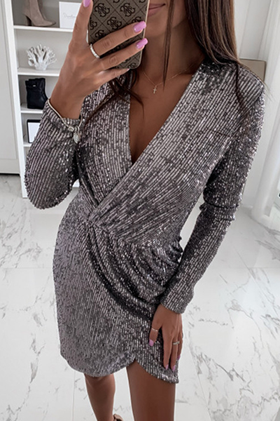 Fashion Elegant Solid Patchwork Fold V Neck Evening Dress Dresses