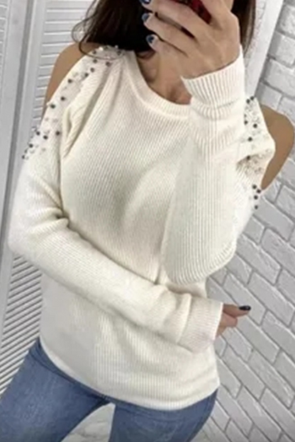 Fashion Casual Solid Beading U Neck Tops Sweater(8 Colors)
