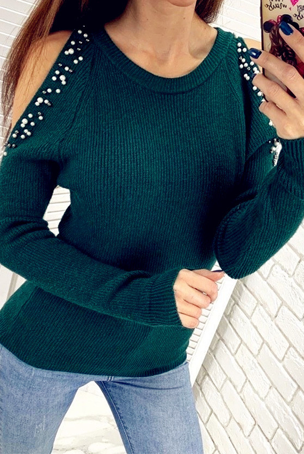 Fashion Casual Solid Beading U Neck Tops Sweater(8 Colors)