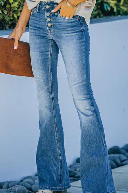 Fashion Casual Solid Buttons Basic Boot Cut Mid Waist Bottoms